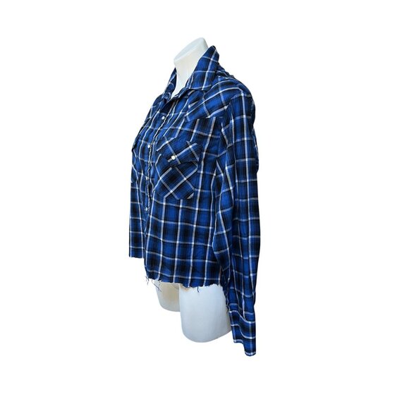 Re/Done Altered Plaid Western Pearl Snap Shirt Womens High Low Hem Size M Blue - Picture 3 of 6